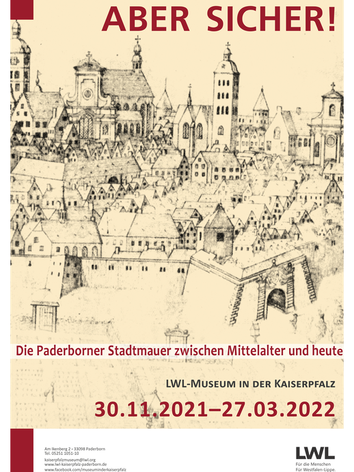 Plakat zu Aber sicher! mit der Stadtansicht Paderborns von Schlaun 1719 im Hintergrund (© LWL/Hielmann) (vergrößerte Bildansicht wird geöffnet)