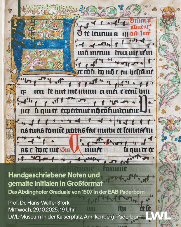 Ankündigendes Plakat mit reich verzierter Seite aus dem Adinghofer Graduale