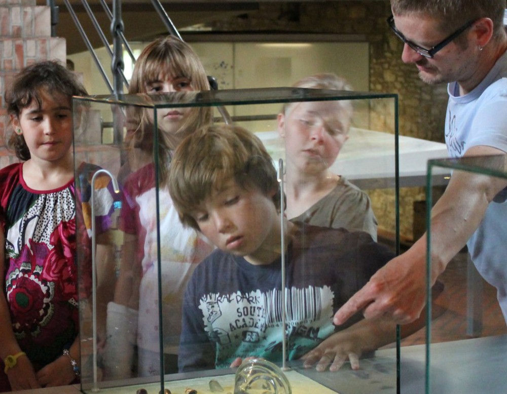 Eine Gruppe schaut sich die Tischvitrine an (Foto: Pluschke /LWL)