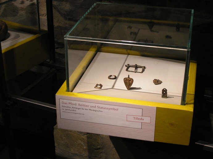 Blick in eine Vitrine mit Schnallen und Anhänger für Pferdegeschirr.