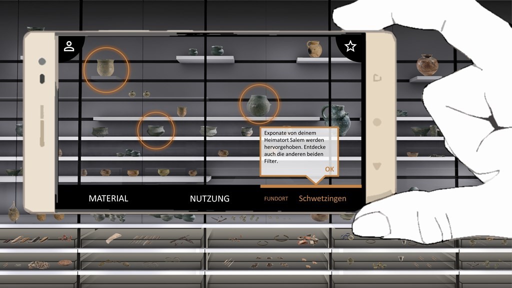 Augmented Reality: Während die Nutzer auf ihrem Smartphone-Display die Objekte betrachten, werden ergänzende Informationen angezeigt.  © Badisches Landesmuseum 