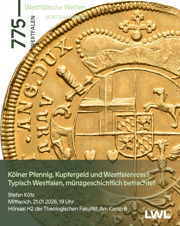 Vortragsankündigung mit dem Bild einer goldenen Münze. (Bild: LWL/Kötz)