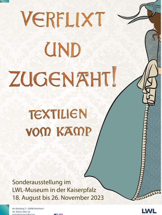 Plakat zur Sonderausstellung Verflixt und zugenäht! Textilien vom Kamp (vergrößerte Bildansicht wird geöffnet)