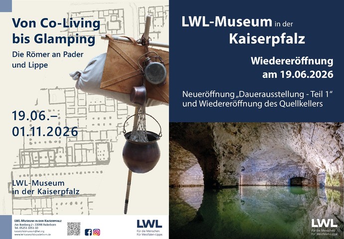 Plakat zur Römerausstellung. Ein römisches Marschgepäck vor dem Grundriss eines Standlagers. (Bild: LWL)