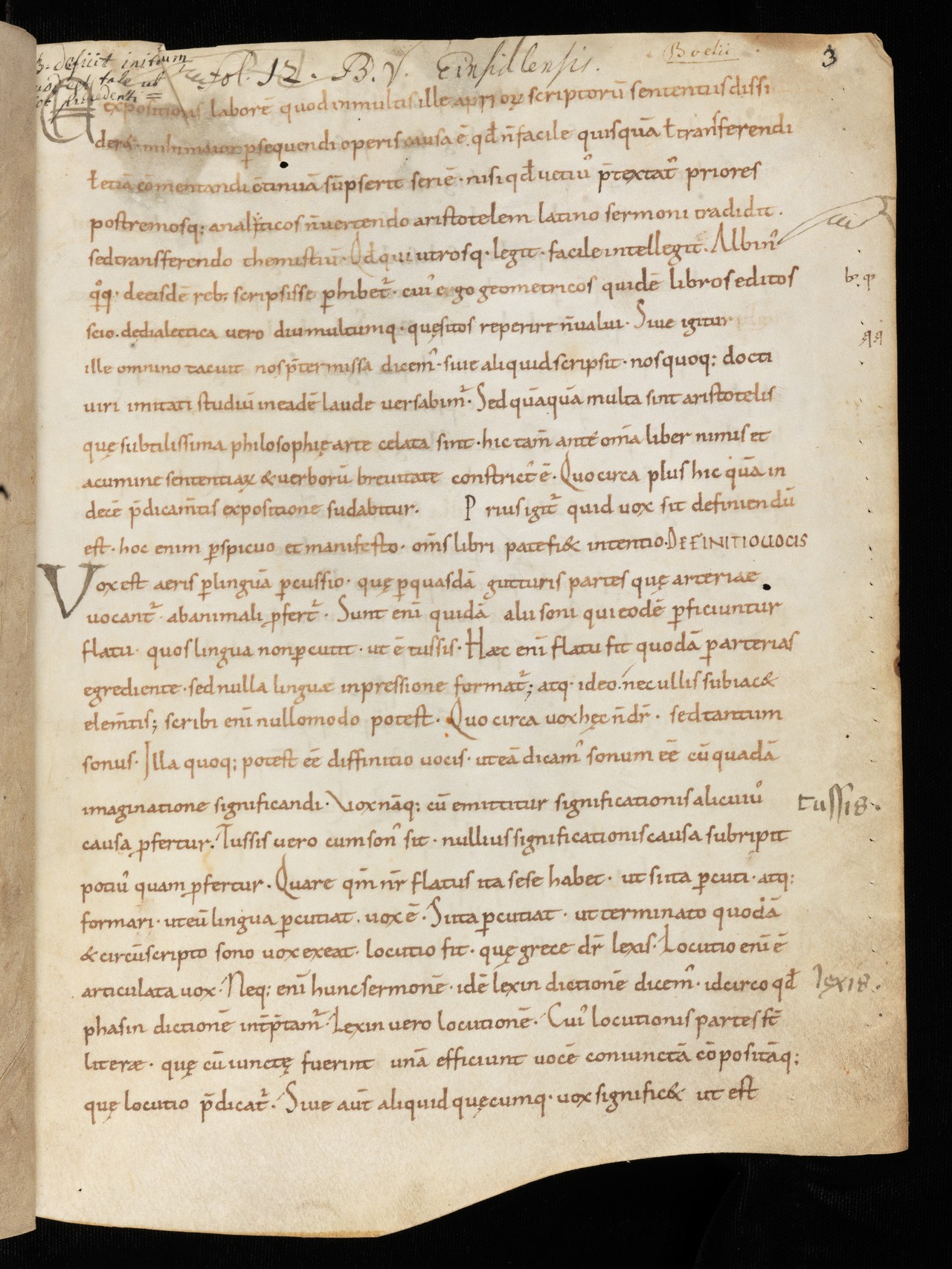 Einsiedeln, Stiftsbibliothek, Codex 301(469), p. 3 – Boethii Peri hermeneias (https://www.e-codices.ch/de/list/one/sbe/0301) 