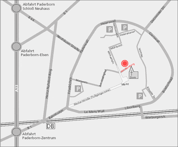 Kartenausschnitt der Paderborner Innenstadt. Die Lage der Kaiserpfalz sowie der Parkplätze sind darauf eingetragen.